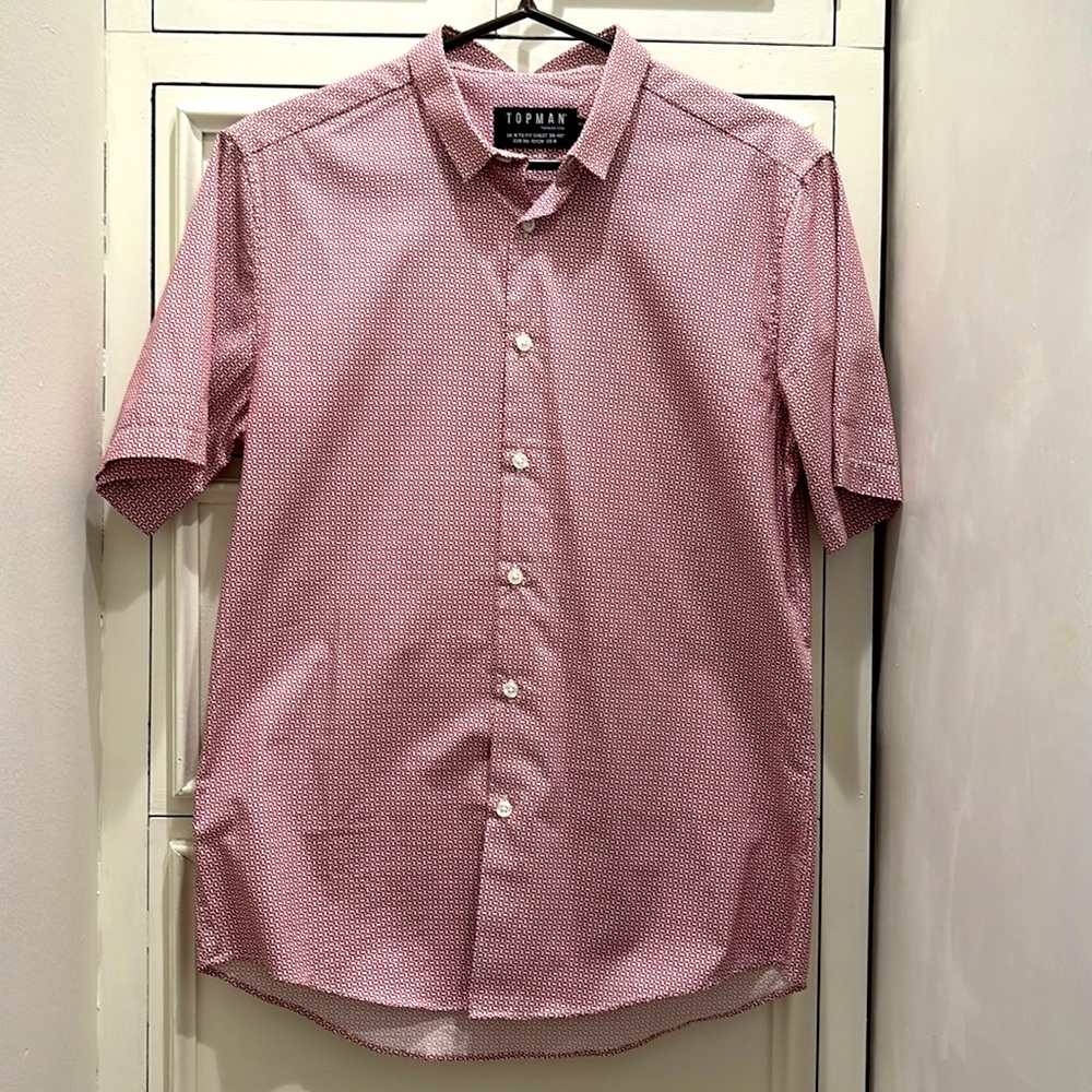 Topman Men’s Red White Geometric Button Down Short Sleeve Casual Shirt  Size M